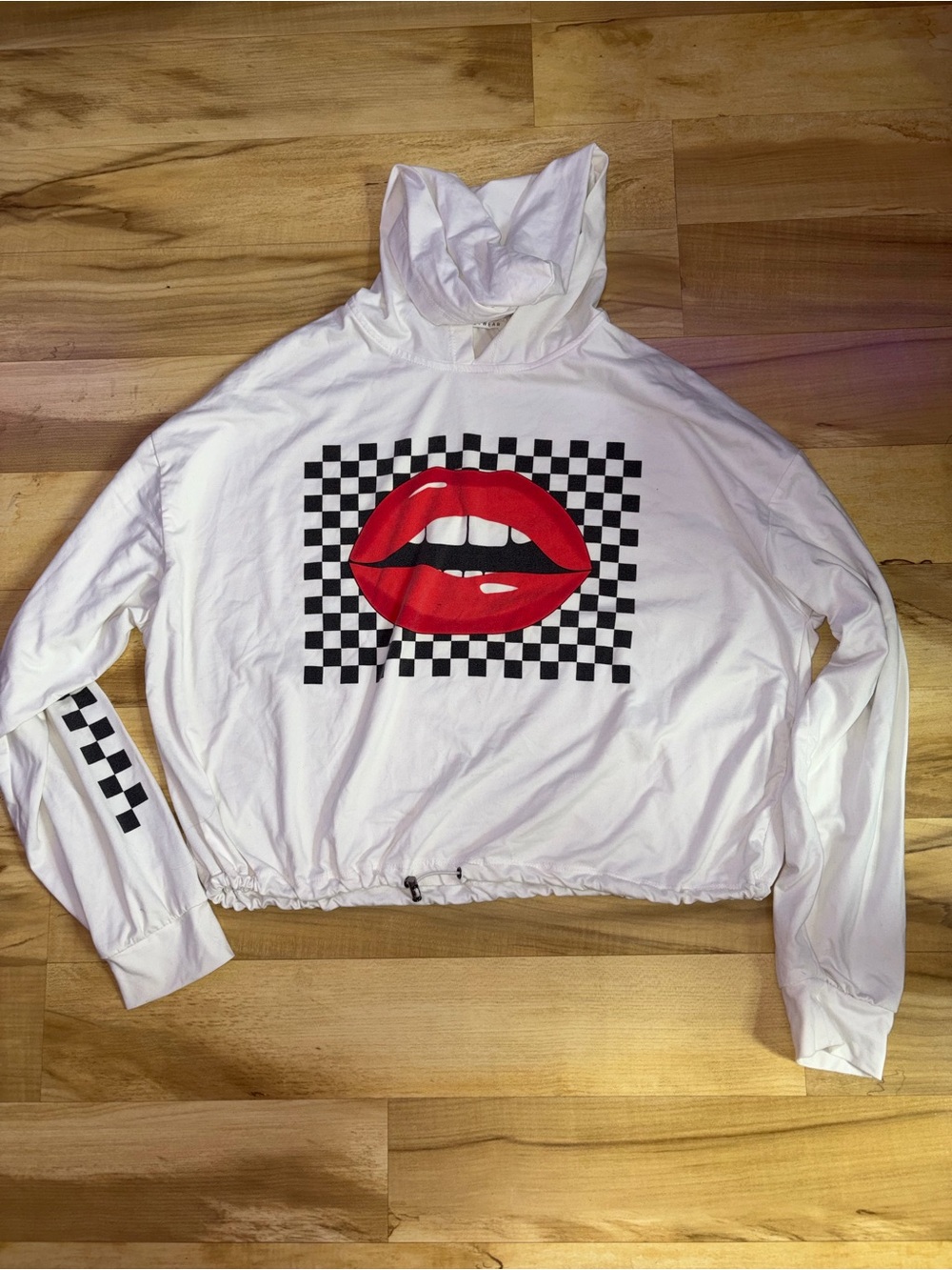 Streetwear Society White Hoodie with Red Lips and Black Check Pattern